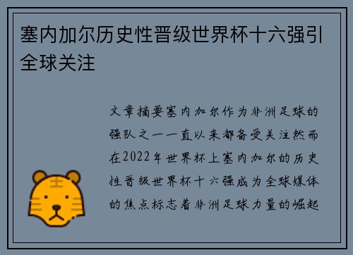 塞内加尔历史性晋级世界杯十六强引全球关注 塞内加尔历史性晋级世界杯十六强引全球关注